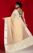 Designer Dewdrop Butta Kora Organza Silk Banarasi Saree in Off White with Pastel Yellow, Brown and Silver