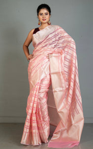 Designer Kora Organza Silk Banarasi Saree in Light Pink with Off White