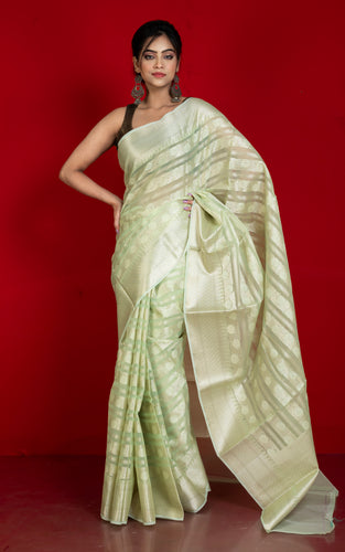 Designer Kora Organza Silk Banarasi Saree in Green Mist and Off White