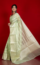 Designer Kora Organza Silk Banarasi Saree in Green Mist and Off White
