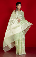Designer Kora Organza Silk Banarasi Saree in Green Mist and Off White