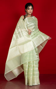 Designer Kora Organza Silk Banarasi Saree in Green Mist and Off White