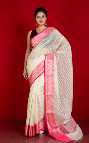 Designer Kora Organza Silk Banarasi Saree in Antique White and Deep Pink