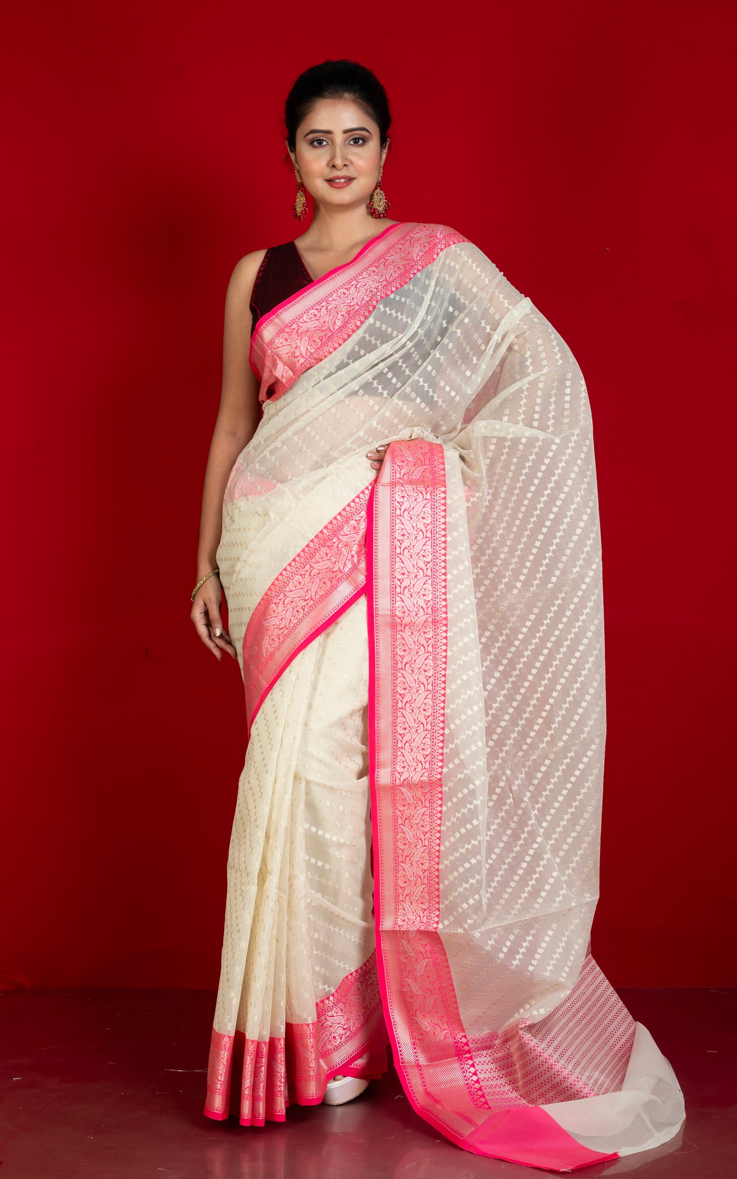Designer Kora Organza Silk Banarasi Saree in Antique White and Deep Pink