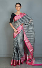 Designer Kora Organza Silk Banarasi Saree in Davy Grey and Cerise Pink