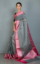 Designer Kora Organza Silk Banarasi Saree in Davy Grey and Cerise Pink