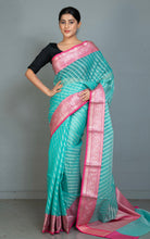 Designer Kora Organza Silk Banarasi Saree in Medium Turquoise and Cerise Pink