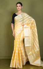 Designer Kora Organza Silk Banarasi Saree in Pastel Yellow and Off White