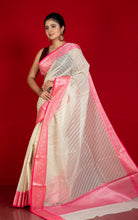 Designer Kora Organza Silk Banarasi Saree in Antique White and Deep Pink