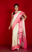 Designer Kora Organza Silk Banarasi Saree in Antique White and Deep Pink