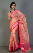 Designer Kora Organza Silk Banarasi Saree in Light Coral and Deep Pink