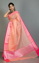 Designer Kora Organza Silk Banarasi Saree in Light Coral and Deep Pink