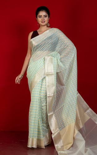 Designer Dewdrop Butta Kora Organza Silk Banarasi Saree in Off White with Fountain Blue, Beryl Green and Silver