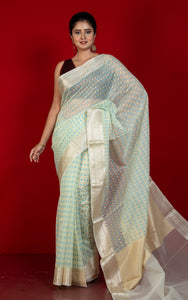 Designer Dewdrop Butta Kora Organza Silk Banarasi Saree in Off White with Fountain Blue, Beryl Green and Silver