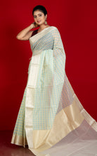 Designer Dewdrop Butta Kora Organza Silk Banarasi Saree in Off White with Fountain Blue, Beryl Green and Silver