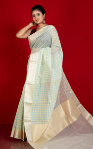 Designer Dewdrop Butta Kora Organza Silk Banarasi Saree in Off White with Fountain Blue, Beryl Green and Silver