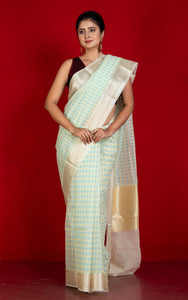 Designer Dewdrop Butta Kora Organza Silk Banarasi Saree in Off White with Fountain Blue, Beryl Green and Silver
