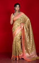 Designer Kora Organza Silk Banarasi Saree in Camel and Pale Salmon