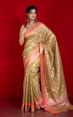 Designer Kora Organza Silk Banarasi Saree in Camel and Pale Salmon