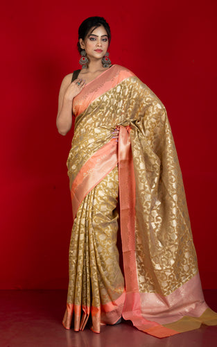 Designer Kora Organza Silk Banarasi Saree in Camel and Pale Salmon