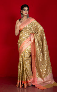 Designer Kora Organza Silk Banarasi Saree in Camel and Pale Salmon