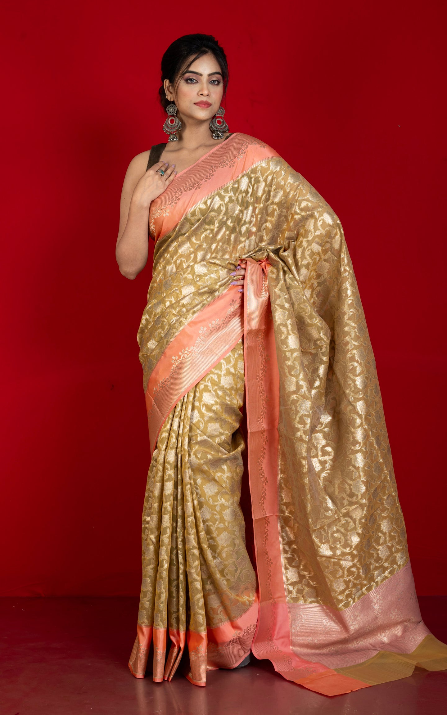 Designer Kora Organza Silk Banarasi Saree in Camel and Pale Salmon
