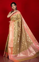 Designer Kora Organza Silk Banarasi Saree in Camel and Pale Salmon