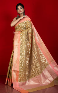 Designer Kora Organza Silk Banarasi Saree in Camel and Pale Salmon