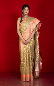 Designer Kora Organza Silk Banarasi Saree in Camel and Pale Salmon
