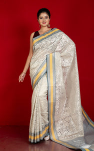 Designer Kora Organza Silk Banarasi Saree in Martini, Saffron Yellow and Cloud Grey