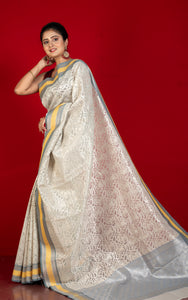 Designer Kora Organza Silk Banarasi Saree in Martini, Saffron Yellow and Cloud Grey