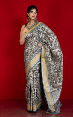 Designer Kora Organza Silk Banarasi Saree in Carbon Grey and Saffron Yellow