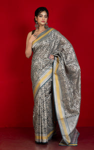 Designer Kora Organza Silk Banarasi Saree in Carbon Grey and Saffron Yellow