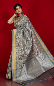 Designer Kora Organza Silk Banarasi Saree in Carbon Grey and Saffron Yellow