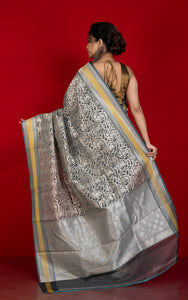 Designer Kora Organza Silk Banarasi Saree in Carbon Grey and Saffron Yellow