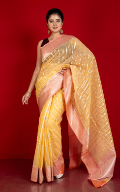 Designer Kora Organza Silk Banarasi Saree in Saffron Mango and Mandys Pink