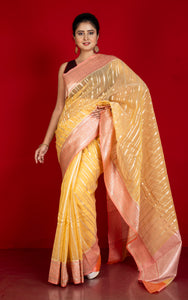 Designer Kora Organza Silk Banarasi Saree in Saffron Mango and Mandys Pink