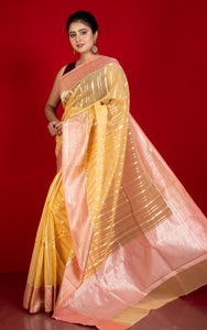 Designer Kora Organza Silk Banarasi Saree in Saffron Mango and Mandys Pink