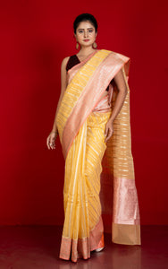 Designer Kora Organza Silk Banarasi Saree in Saffron Mango and Mandys Pink