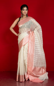 Designer Kora Organza Silk Banarasi Saree in Ecru White and Salmon Pink