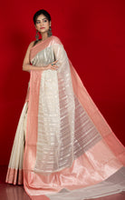 Designer Kora Organza Silk Banarasi Saree in Ecru White and Salmon Pink
