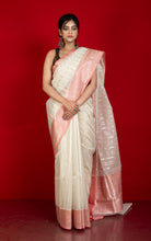 Designer Kora Organza Silk Banarasi Saree in Ecru White and Salmon Pink
