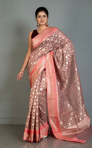 Designer Kora Organza Silk Banarasi Saree in Brownish Pink and Light Salmon Pink