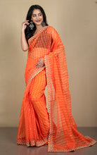 Bold and Fashionable Soft Organza Zardozi Silk Saree in Orange and Beige