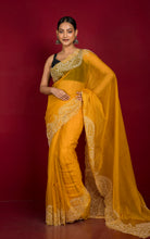 Designer Organza Silk with Embroidery Work in Bright Yellow and Powder White