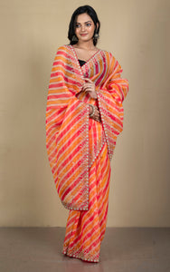 Bold and Fashionable Soft Organza Zardozi Silk Saree in Dual Tone Orange, Peach and Beige