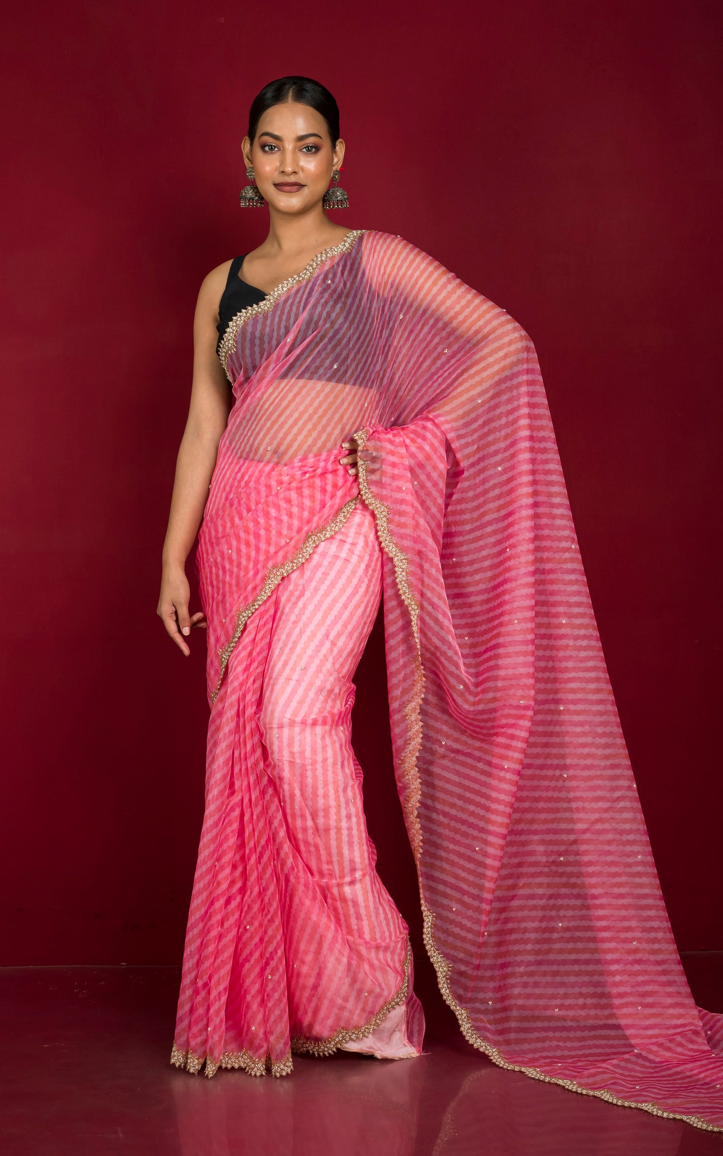Designer Leheriya Printed Organza Zardozi Silk Saree in Watermelon Pink