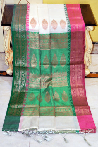 Traditional Ganga Jamuna Border Cotton Kota Checks Gadwal Saree with Rich Pallu in White, Hot Pink and Dark Green