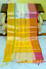 Traditional Ganga Jamuna Border Cotton Kota Checks Gadwal Saree with Rich Pallu in Off White, Golden Yellow and Hot Pink