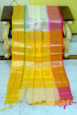 Traditional Ganga Jamuna Border Cotton Kota Checks Gadwal Saree with Rich Pallu in Off White, Golden Yellow and Hot Pink
